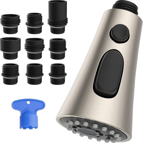 Tête Robinet de Cuisine avec 3 Modes de Jet, Douchette Robinet Extractible avec 9 Adapteurs, Mitigeur Cuisine Compatible avec les Robinets G1/2, Nickel Brossé (1/5)