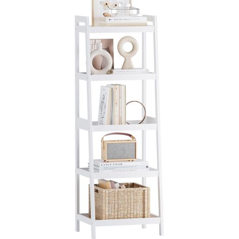 Bibliothèque échelle en Bambou, 4 Niveaux et 5 Niveaux Présentoir de Plantes autoportant Étagères économiseurs d’Espace pour Chambre, Cuisine, Balcon (Blanc, 5 Niveaux (127cm H)) (1/5)