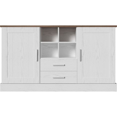 ELVMI Credenza con 2 Ante, 2 Cassetti e 4 Vani Aperti, per Soggiorno o Sala da Pranzo, in Pannelli di Particelle, 140×40×79.5 cm, Bianco e Marrone (1/5)