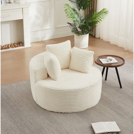 Fauteuil lounge rond minimaliste en corduroy avec 3 coussins, accoudoirs larges et base antidérapante, beige (1/5)