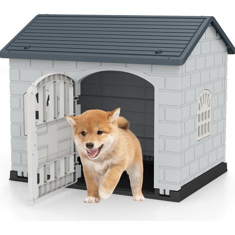 GOPLUS Niche pour Chien Exterieur XXL en PP, Cabane Chien Imperméable&Ventilé, Maison pour Chiot Interieur avec Porte, 3 Fenêtres, Toit Incliné, Plancher Surélevé, Cage pour Chiots, 75x58x65CM (Gris) (1/5)