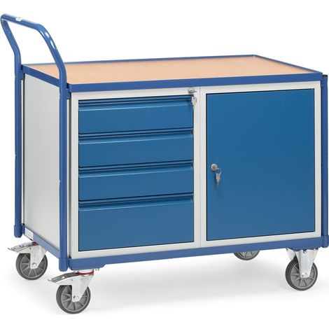 fetra Tischwagen, 1 Holz-Plattform, Ladefläche 1000 x 600 mm, 4 Schubladen, 1 verschließbarer Stahlschrank (1/3)