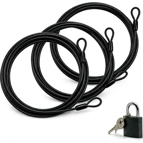Câble antivol de 2 m, câble de sécurité gainé Lot de 3 câbles en acier avec œillets - Noir - 4 mm - Pour antivol de vélo, moto, meubles de jardin, remorque de vélo (1/5)