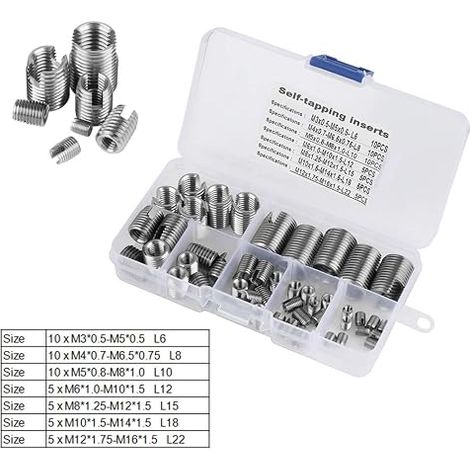 Ensemble d'inserts filetés 50PCS, inserts filetés intérieurs en acier inoxydable, insert fileté autotaraudeur M3-M12, renforce la fixation de filetage, résistant aux vibrations, évite de se desserrer, (1/5)
