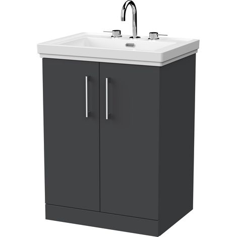 Pershall Contemporary Floor Standing 2 Door Vanity Unit with Traditional 3 Tap Hole Fireclay Basin, 600mm, Dark Grey (1/4)