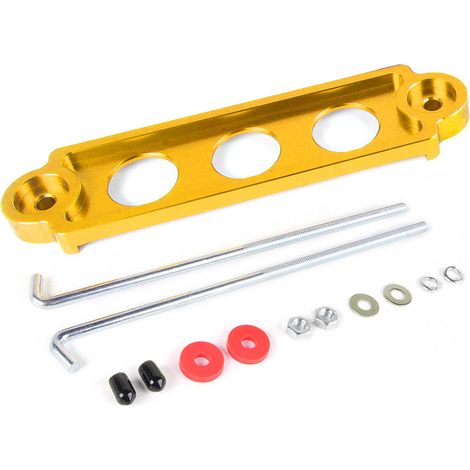 JDM Universal Car Battery Mount 3-Hole Battery Bracket - Gold with Hook (1/4)