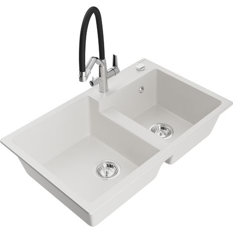Mexen Tomas fregadero de granito de 2 senos con grifo de cocina Duo, blanco - 6516-20-671701-07 (1/5)