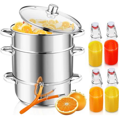 Randaco Estrazione a vapore 8 L in acciaio inox con 4 bottiglie con tappo a clip – Estrattore per frutta e verdura, Ø 26 cm, lavabile in lavastoviglie, adatto a tutti i tipi di fornelli, compresa l'in (1/5)