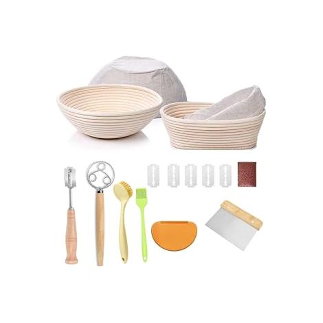 Brotgärkorb-Set, runder und ovaler Sauerteig-Gärkorb, 100 % natürliches Rattan, Brotlame, Teigbesen, Schaber und Pinsel. Sauerteig-Starter-Set