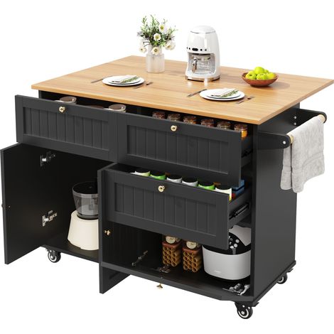 Îlot de cuisine noir avec rangement, desserte mobile en MDF et métal, plateau extensible, roulettes et pieds réglables, 133 cm (1/5)
