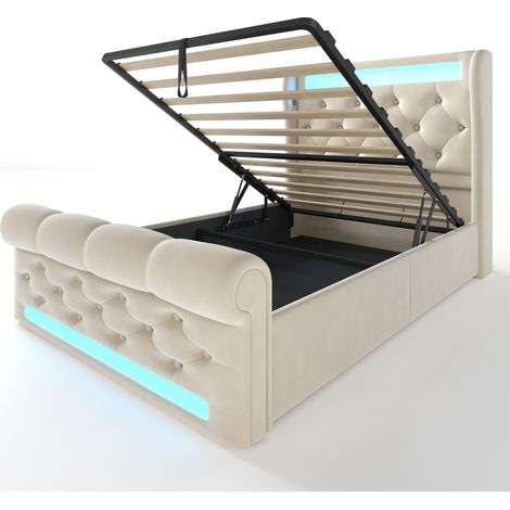 Letto imbottito singolo 90x200 cm beige in velluto con LED, contenitore e materasso (1/5)