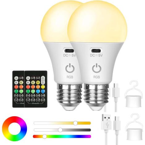 Ampoule LED Rechargeable Avec Telecommande, Ampoule E27 Couleur Sans Fil, USB C Batterie Ampoule RGB Avec Crochet, Pour Intérieure et Extérieure (2 pièces) (1/5)