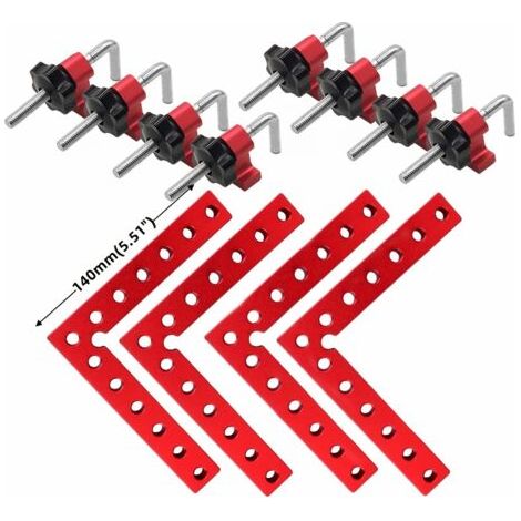 QORVA-4 pcs Bloc de Positionnement à 90 Degrés Rouge - 140mm/5,5" Pince de Fixation à Angle Droit en Alliage D'aluminium, Equerre de Positionnement Type L Outils de Travail du Bois pour Cadres Photo
