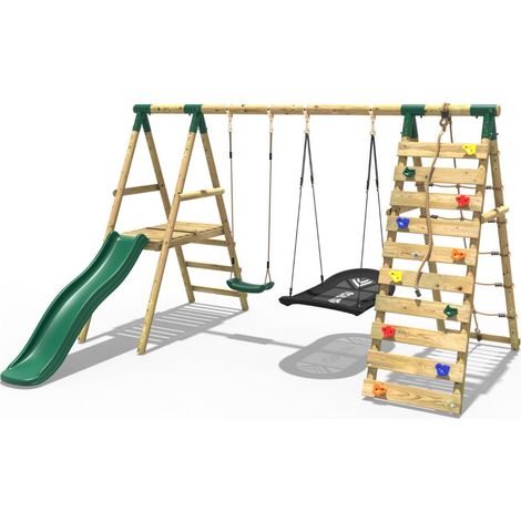 Rebo Wooden Swing Set with Deck and Slide plus Up and Over Climbing Wall - Quartz Green (1/5)