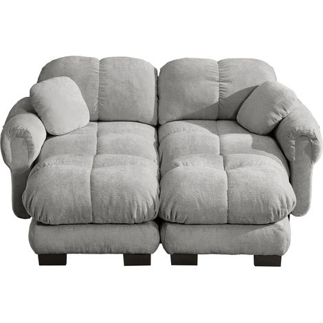 Divano modulare a 2 posti in ciniglia grigio chiaro con pouf mobile MODENUIT (1/5)