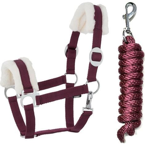 Set Halter, Lead Rope, Adjustable Synthetic Fur, Snap Hook, Burgundy, Cob Horse, Pony (1/4)