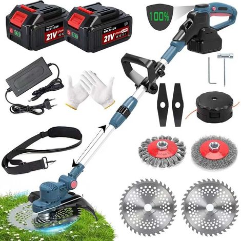 Cordless Trimmer with Battery, 21 V, 2 x 4.0 Ah Batteries, 5 in 1 Strimmer / Brush Cutter with Weed Brush, 750 W Brushless Motor Foldable Suitable for Garden and Lawn-Dark Blue (1/5)