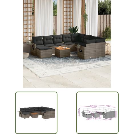 The Living Store 11-tlg. Garten-Sofagarnitur mit Kissen Grau Poly Rattan - Gartenmöbel Set - PE-Rattan Möbel - Outdoor Lounge - Esszimmergarnitur - Balkonmöbel (1/3)