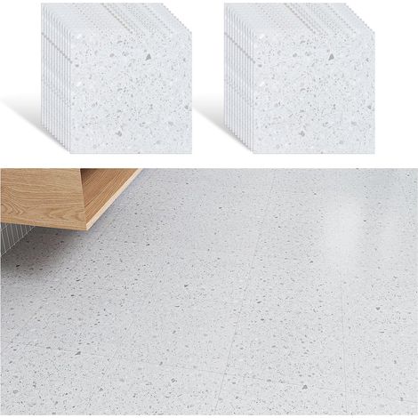Lot de 24 revêtements de sol en PVC - En granit blanc - Carreaux adhésifs en vinyle - Terrazzo - Blanc - Aspect carrelage - Pour salle de bain et cuisine - 30 cm × 30 cm (1/5)