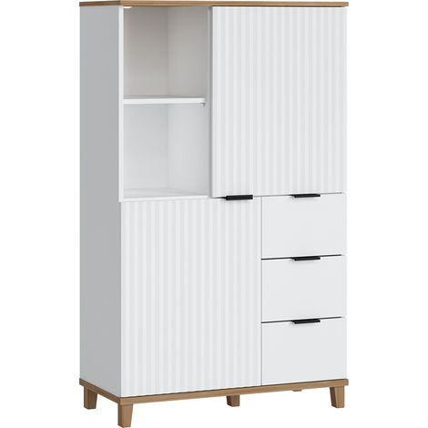 Highboard in weiß mit Eiche Nb. PLYMOUTH-129 mit 3 Schubladen, 2 Türen, B/H/T ca. 84,8/141,4/40 cm (1/4)