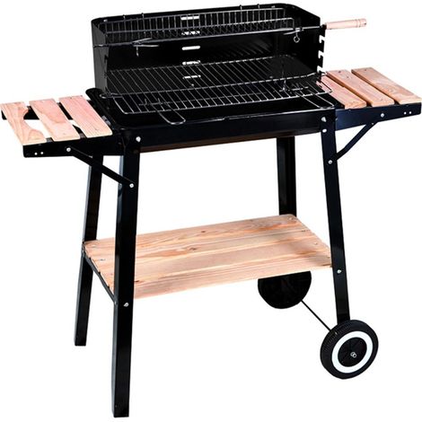 Barbecue rettangolare nero a carbone multifunzione con mensole ripiani in legno e acciaio per giardino terrazzo campeggio (1/5)