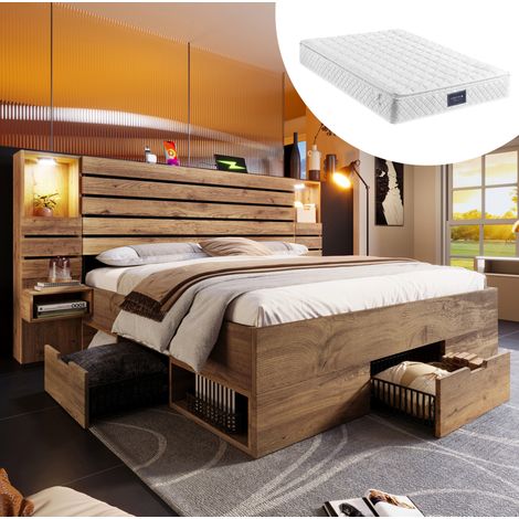 REDOM - Lit double 160x200 cm, LED avec USB et Type C, niche éclairée, chevets suspendus, rangement, bois coloris chêne (Sans matelas) (1/5)