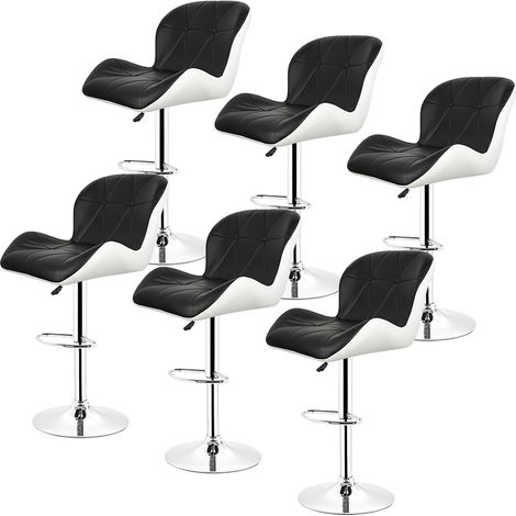 Lot de 6 Tabourets De Bar avec Dossier Hauteur Reglable 62cm - 82cm en Simili PU et PVC Noir/Blanc (1/5)