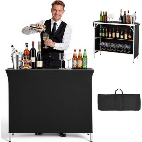 Table de Bar Pliable Portable, 1100x385x885 mm, avec Sac de Transport, 2 Étagères de Rangement et Jupe Amovible, Comptoir de Bar Mobile pour Événements, Fêtes, Foires et Salons Professionnels