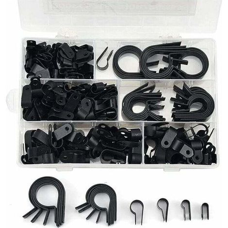 200 pezzi di fascette in nylon - Clip R, P in nylon, collari di fissaggio per tubi in plastica, elementi di fissaggio per condotti, cavi, guaine e guaine Ø 5,3/6,4/10,4/13,2/19/23 mm (nero). (1/4)