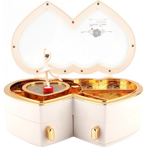 Boîte à bijoux musicale double cœur ballerine pour petites filles (blanche) (1/5)