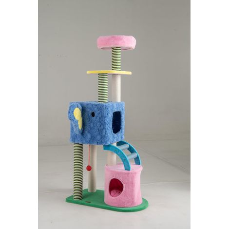 COSTWAY Albero per Gatti a Tema Elefante, Albero Tiragraffi per Gatti con Condomini, Ripiano Imbottito, Pali da Graffiare, Giocattolo in Peluche, Piattaforme e Cuscino Rimovibile, Cat Tree per Interno