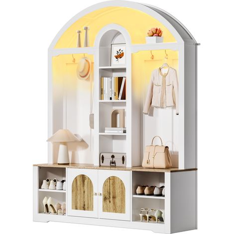 Armoire d'entrée avec étagère à chaussures, étagères et crochets, MDF, design moderne, 120x35x90 cm