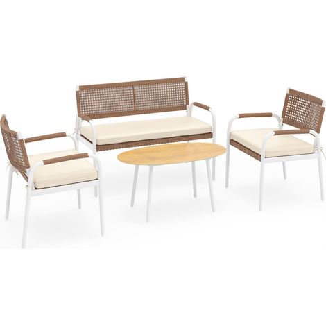Salon de jardin blanc en résine tressée avec coussins moelleux et table ovale en verre trempé pour balcon terrasse jardin (1/5)