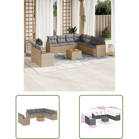 10-tlg. Garten-Sofagarnitur mit Kissen Beige Poly Rattan (1/3)