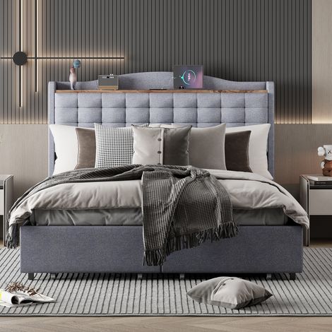 Lit rembourré 140200 cm, table de chevet avec port de charge USB et étagère, lit double plat avec 4 tiroirs, tissu en lin gris (1/5)