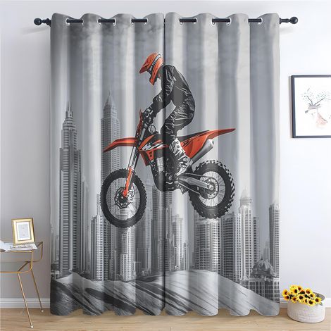 Rideau Occultant Dirt Bike - Décoration Dirt Bike, Rideau Thermique Motif Skyline Urbain Moto Cross, Lot de 2 Rideaux Opaque à Oeillets pour Fenetre Chambre Salon, 140x160 cm (LxH) - 2x L 140 X H 160 (1/5)