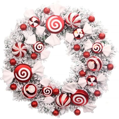 Guirlande de Noël, guirlande de Noël de 16 pouces pour porte d'entrée, décoration de guirlande de porte de Noël rouge blanc avec ornements de boule, bonbons, décoration de vacances pour cheminée décor
