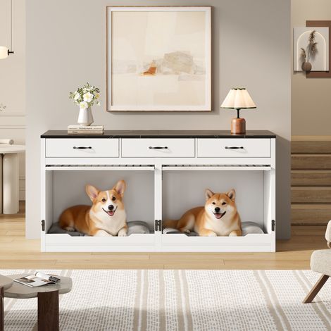 Gabbia per Cani da Interno 164x60x81cm con 3 Cassetti e Divisorio Rimovibile Legno e Metallo Stile Moderno Bianco e Nero