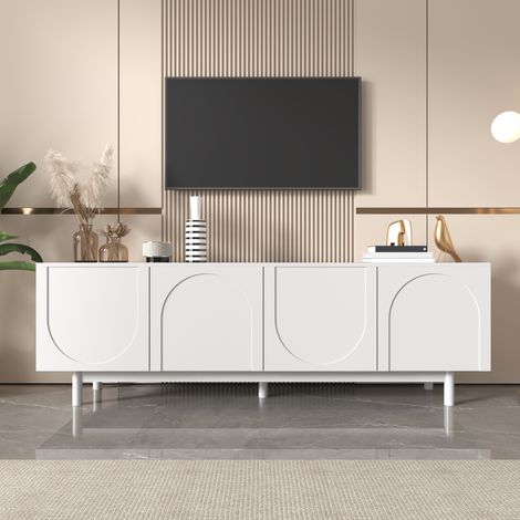 Mueble tv blanco 175x38x56 cm para televisión de 50-59 pulgadas - bajo de salón moderno con 4 puertas push-to-open estantes ajustables y patas de madera maciza - elegante (1/5)