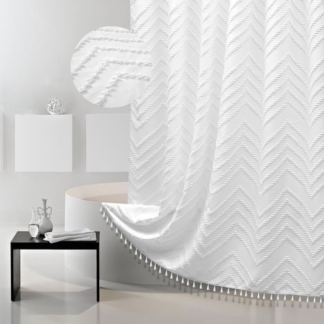 Rideau de douche extra long 72 x 84inch,Rideau de douche minimaliste boho blanc pour salle de bain, tufté avec des rayures chevron (1/5)