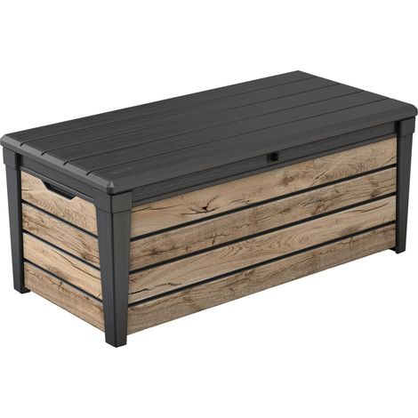 Keter Brightwood - Scatola da giardino in legno di pino, 454 litri, coperchio con molle a gas, portata fino a 300 kg, resistente alle intemperie, impermeabile, resistente ai raggi UV, in plastica (1/5)