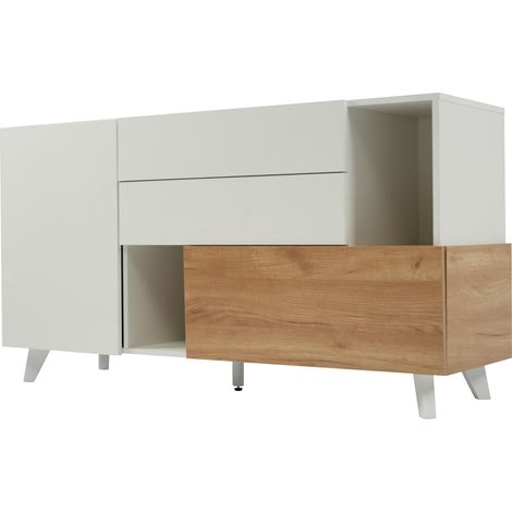 Buffet blanc brillant et chêne clair en panneaux de particules 130 x 40 x 70 cm, 2 tiroirs et portes (1/5)