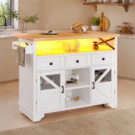 Mobile cucina su ruote con LED App, piano ribaltabile, bianco DESVIAE (1/5)
