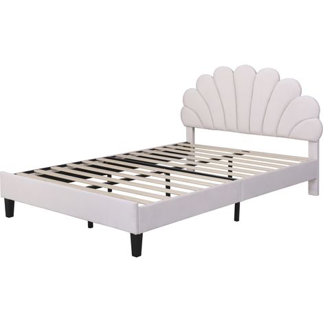 Letto matrimoniale capitonné 140 x 200 cm in velluto beige con testiera floreale e rete HOMVRA (1/5)