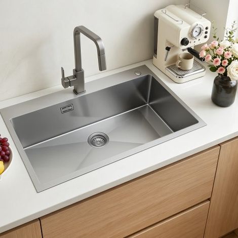 Fregadero Sobre Encimera de 1 Seno, 850 x 450 x 190 mm, Fregadero de Cocina Empotrable de Acero Inoxidable, Esquinas Redondeadas, para Lavavajillas Domésticos, Cocinas Auxiliares, Lavaderos (1/5)