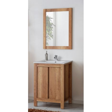 Ac-Deco – Ensemble sous vasque 60 cm – Meuble en bois avec miroir et vasque céramique – 2 portes coulissantes – Finition chêne romanesque