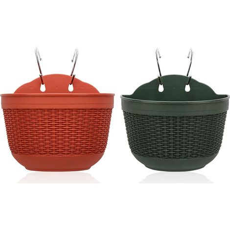 2 vasi da fiori in plastica sospesi con gancio, supporto per giardino, recinzione e balcone (1/4)