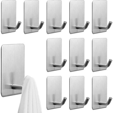 12PCS Crochets Adhésifs Muraux en Acier Inox, Crochet Serviette Salle de Bain Autocollant, Accroche Torchon Adhésif Antirouille, Crochet Mural sans Percer, pour Vêtement Peignoir Chapeau Clé