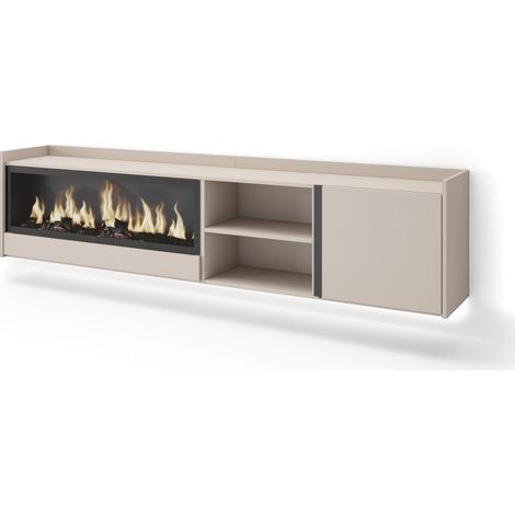 Skraut Home - Meuble TV, Banc Télé, Grand espace de Rangement, 212x35x50cm, Pour les TV jusqu'à 80", Cheminée électrique XXL, Suspendu, Mural, LED, Style moderne, Beige (1/5)