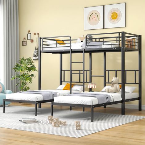 Etagenbett 90x200 cm – mit 4-stufiger Treppe und Tisch – Sicherheitsgeländer – Lattenrost – Eisenbettgestell – geeignet für drei Kinder – Schwarz